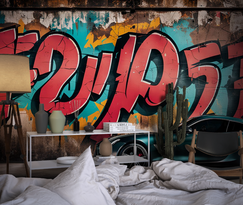 Papier peint graffiti voiture de course chambre dado1