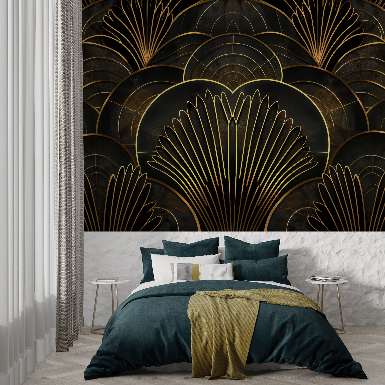 Papier Peint Art Deco Noir Et Doré Salon - francais