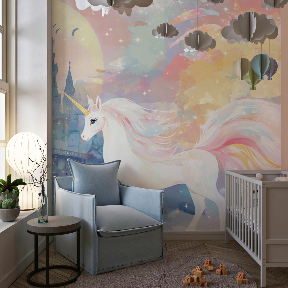 Papier peint licorne chateau et arc en ciel chambre de fille