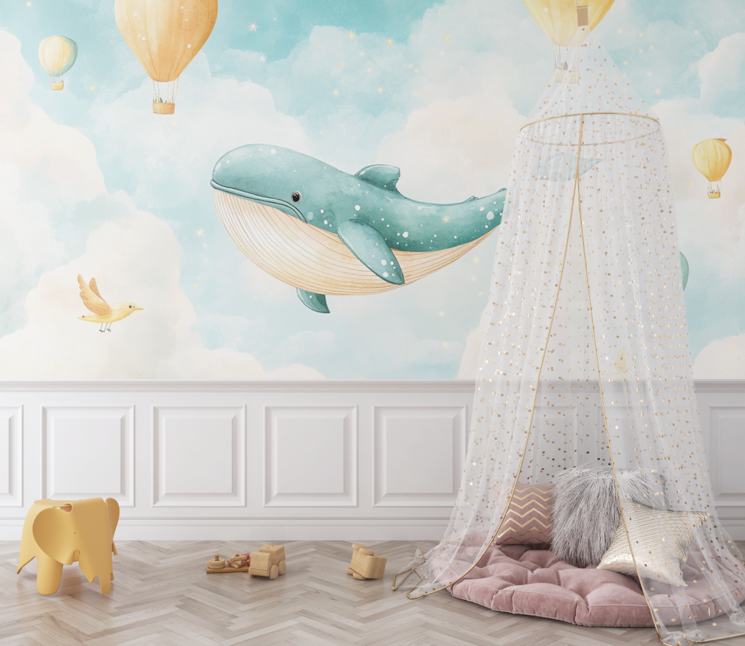 Papier peint bebe classique ciel et baleine bebe