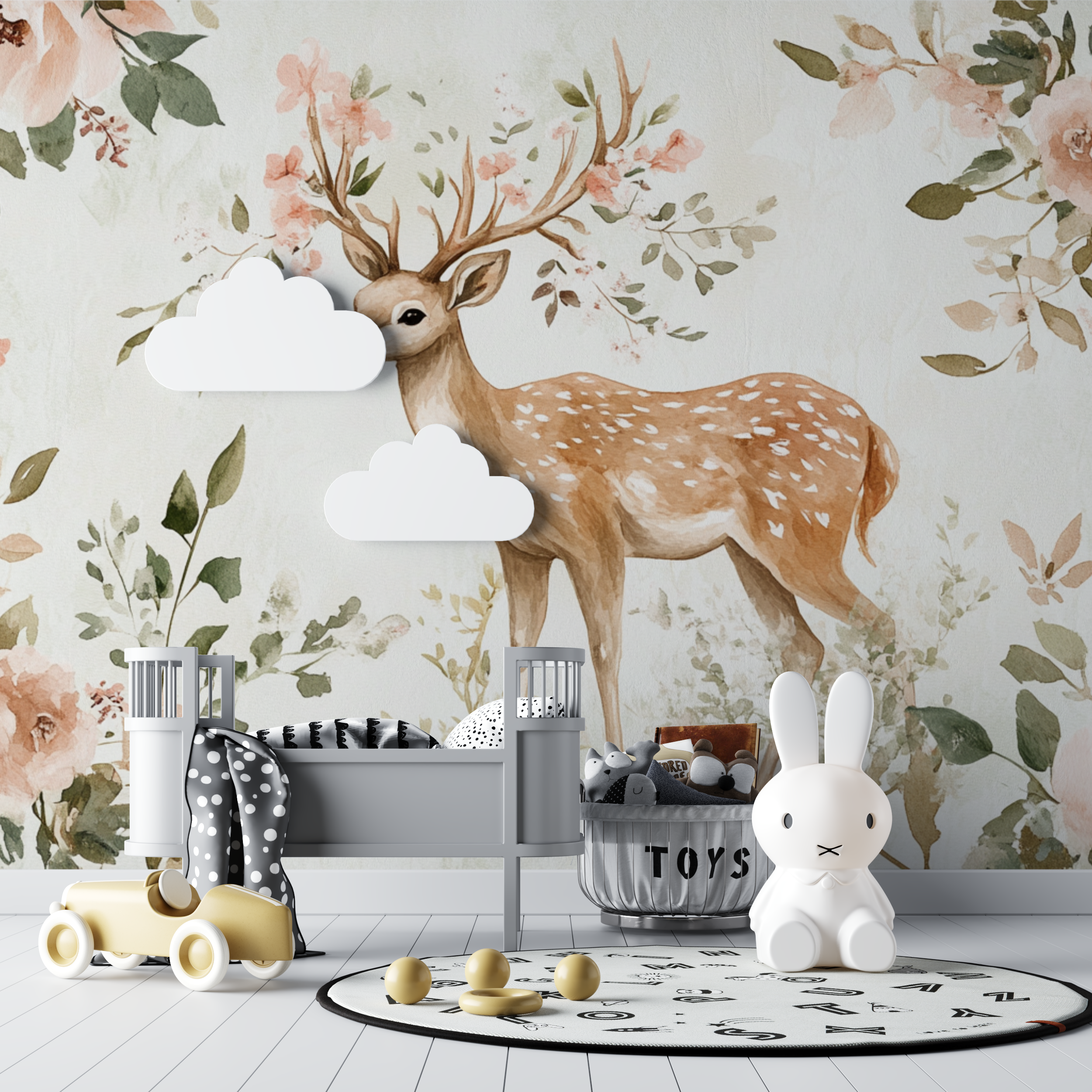 Papier peint motif cerf et fleur bebe tipi