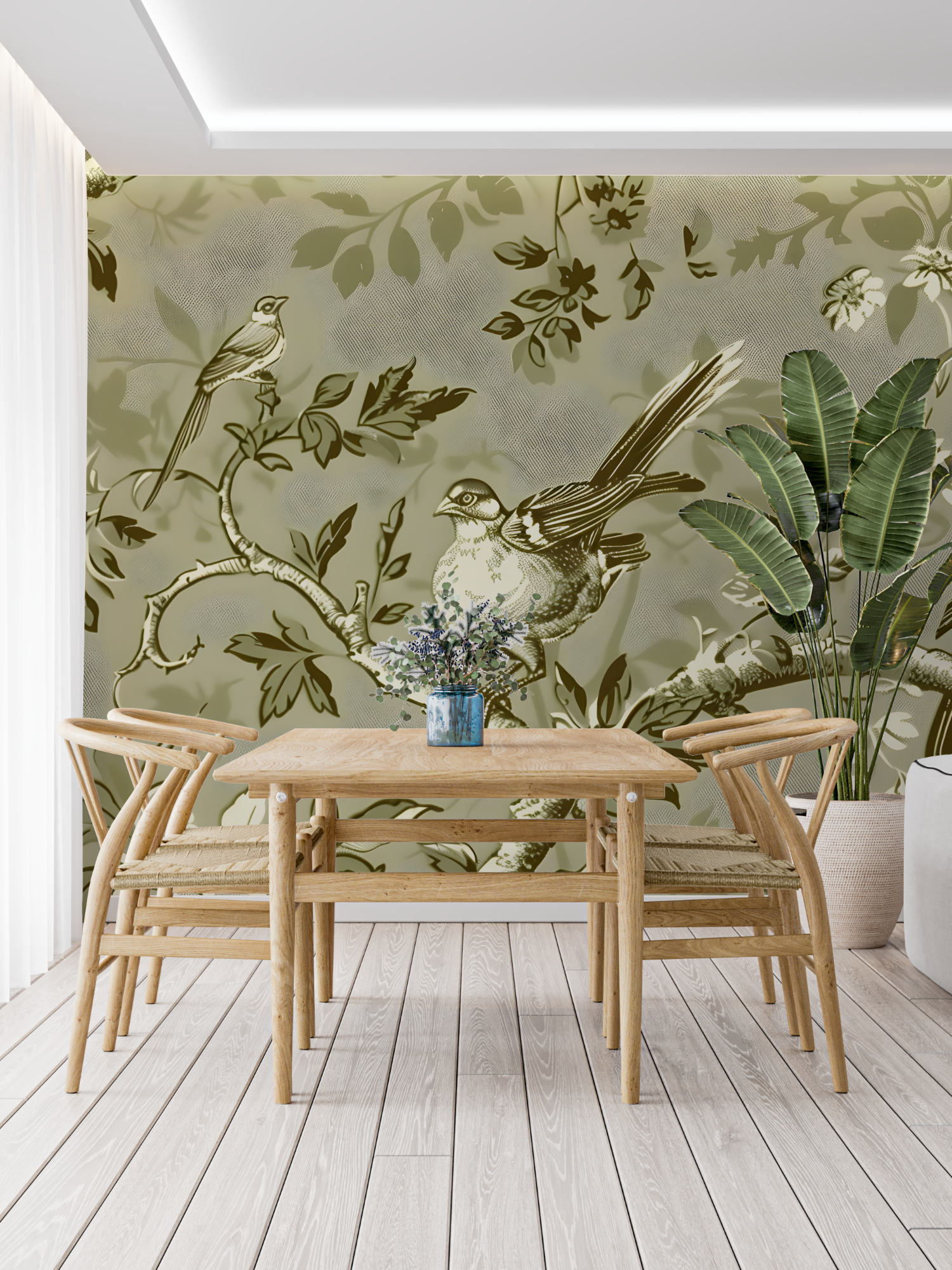 Papier Peint Toile De Jouy Branche Oiseau - panoramique tendance