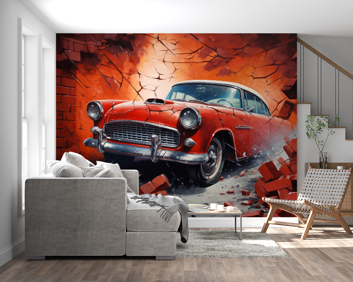 Papier peint trompe loeil voiture brique panoramique mural