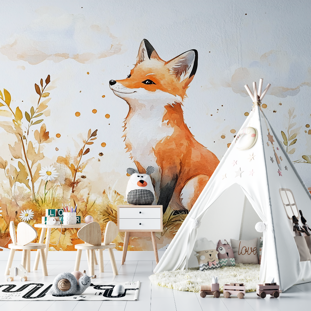 Papier peint renard bebe aquarelle chambre bebe