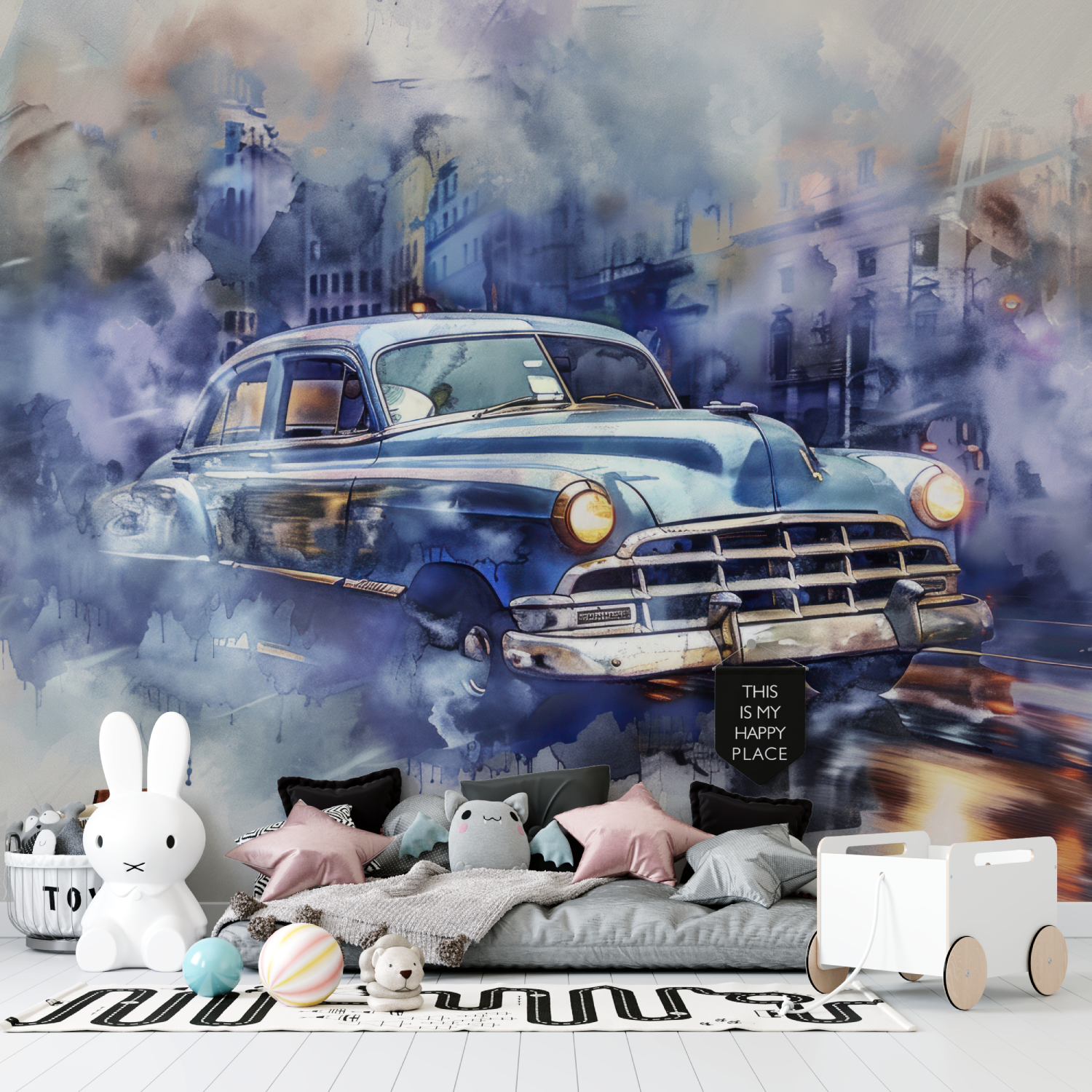 Papier peint bleue voiture cuba...quarelle tapisserie garcon