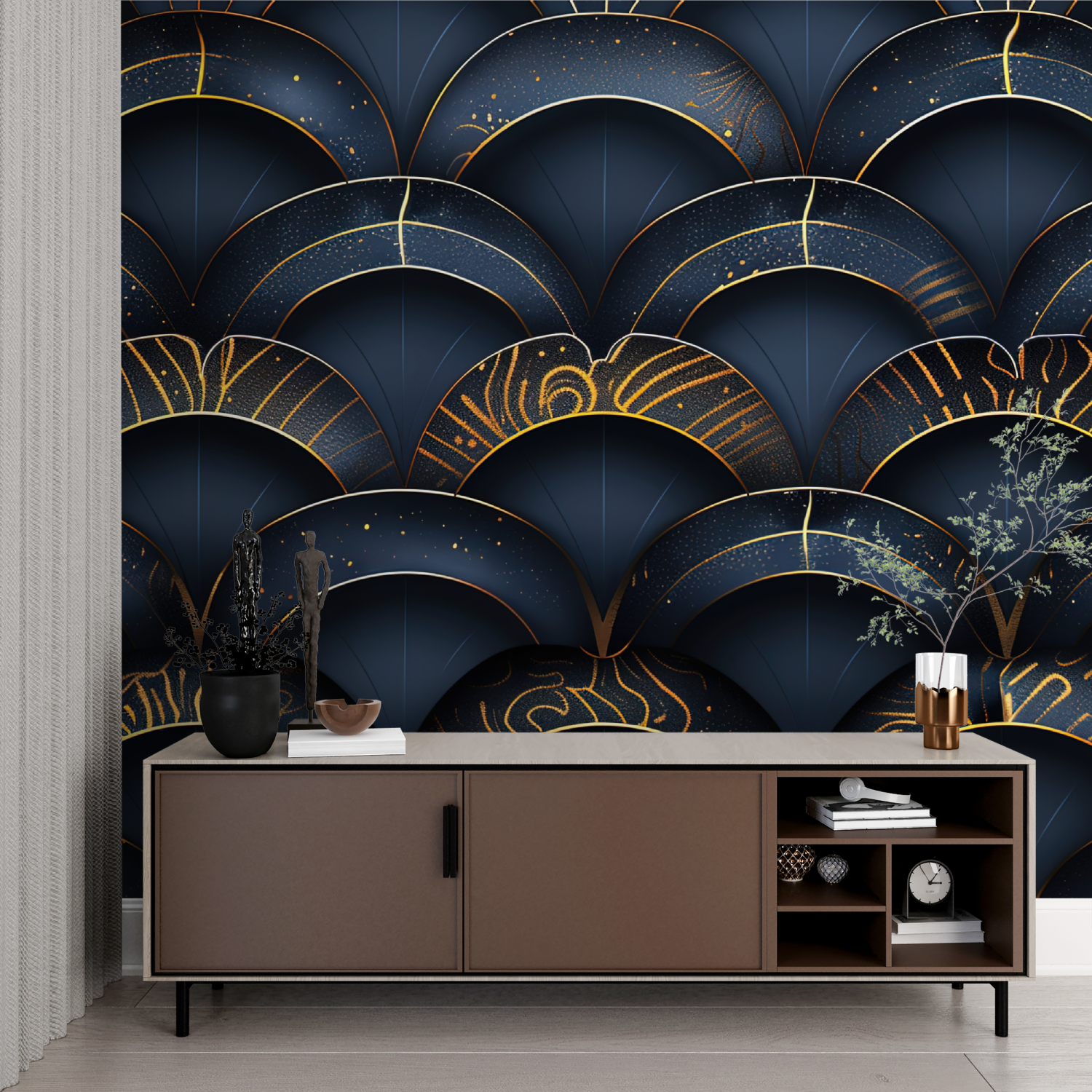 Papier Peint Art Déco Bleu Sombre - contemporain