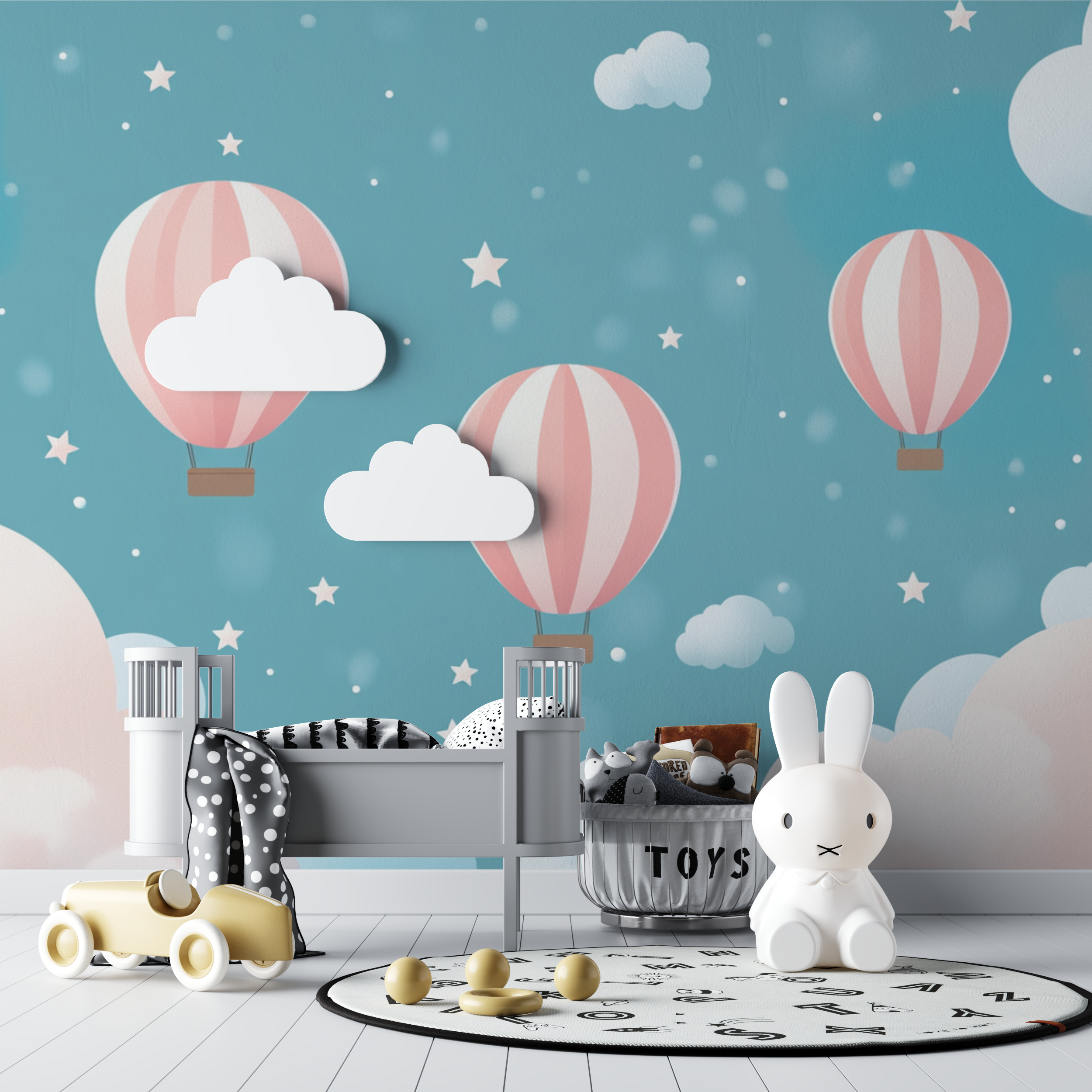 Papier peint montgolfiere et etoiles filantes bebe tipi