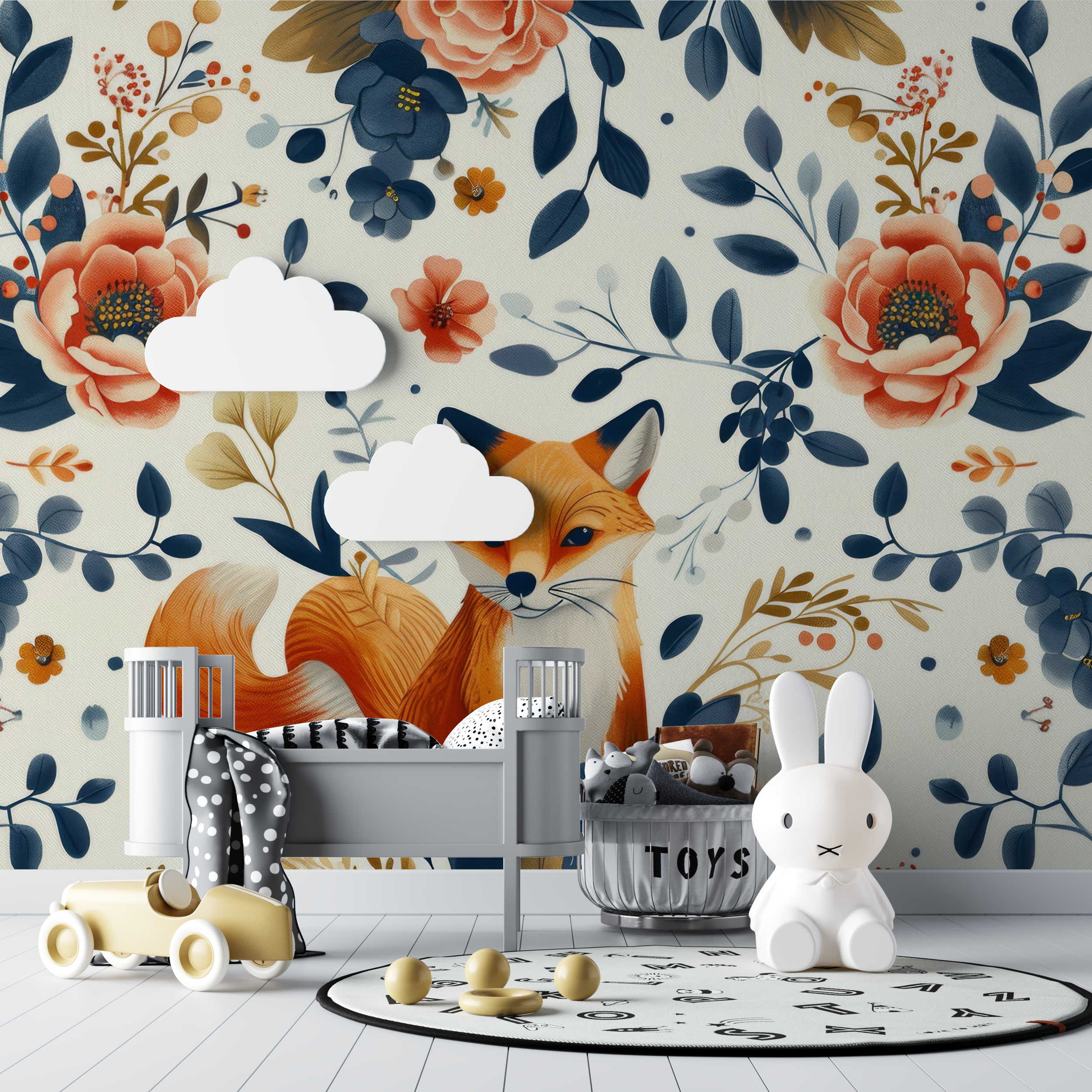 Papier peint renard floral vintage bebe tipi