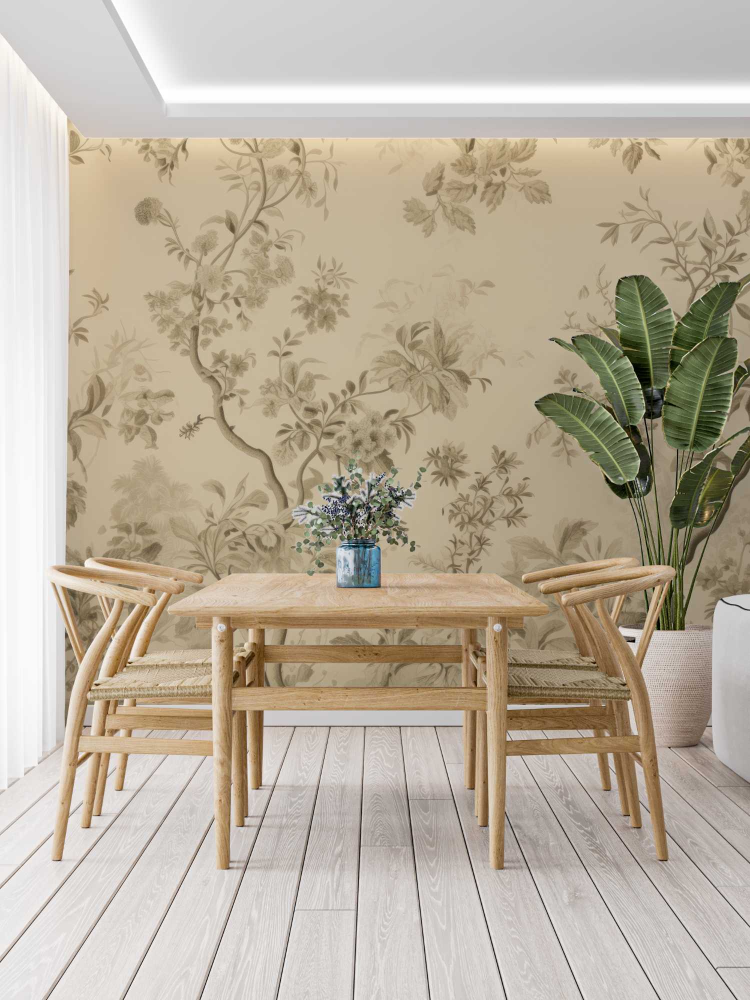 Papier Peint Toile De Jouy Beige Fleuri - tapisserie