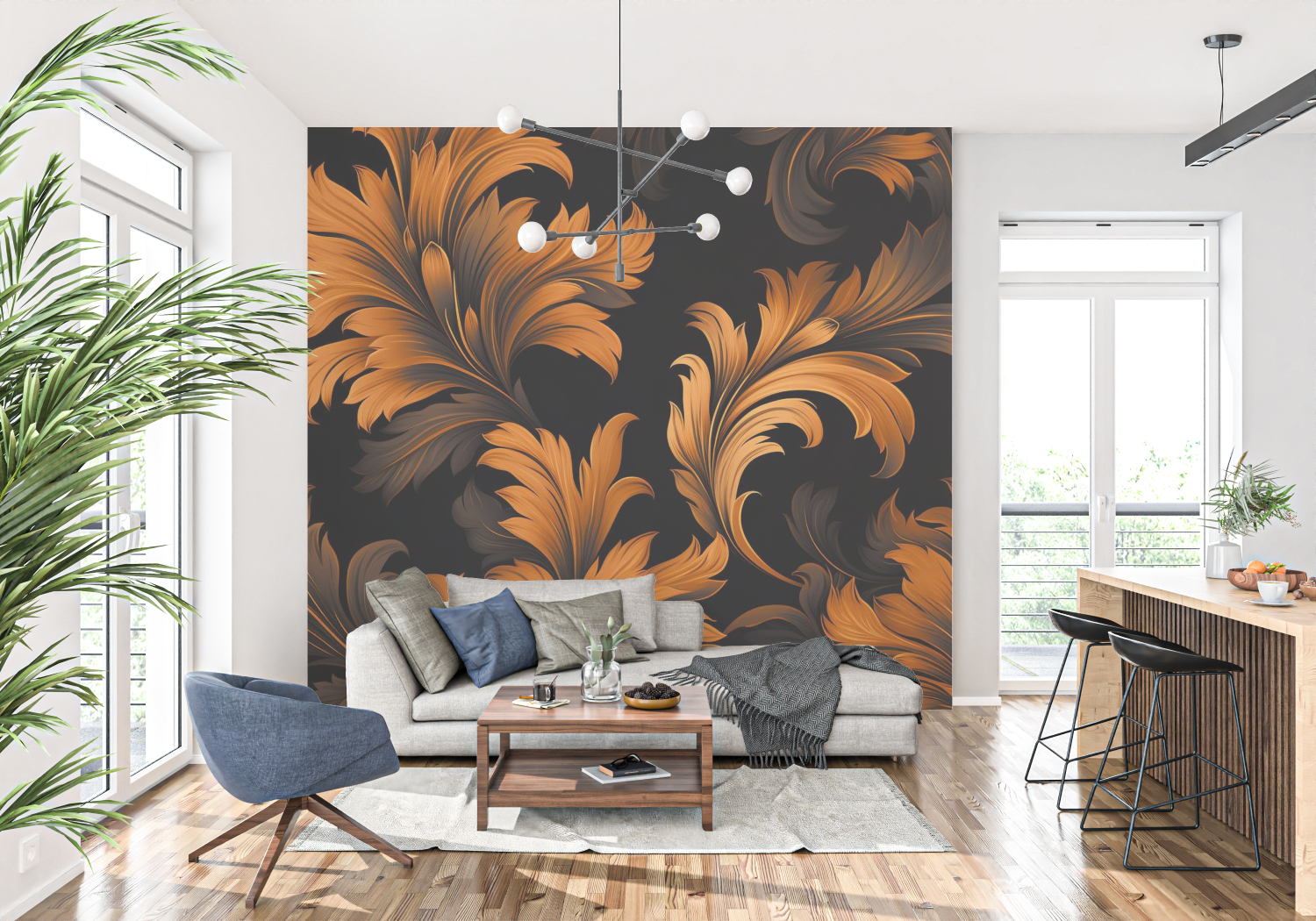 Papier Peint Fleur Orange Et Noir - panoramique-mur