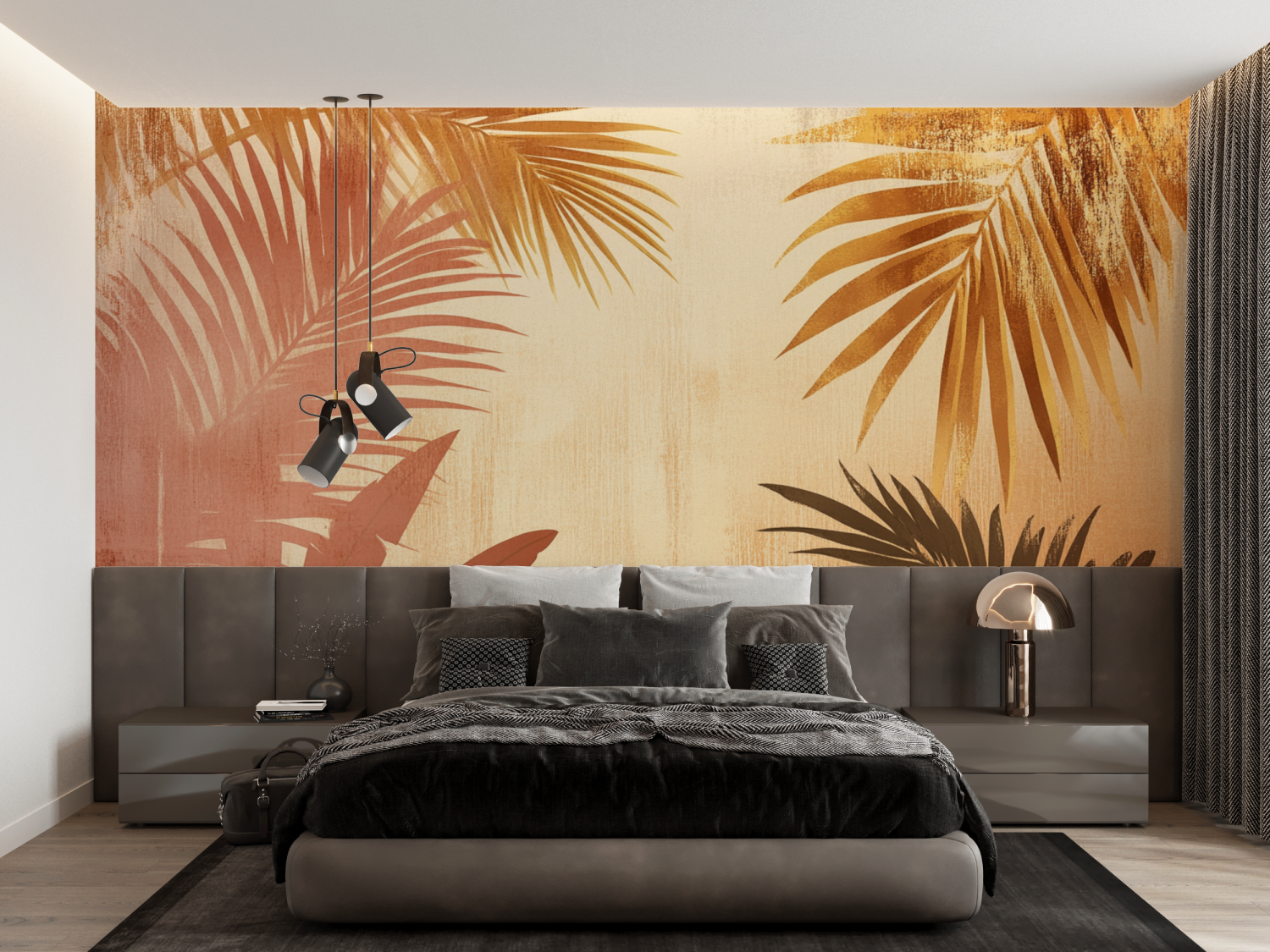 Papier peint terracotta avec palmiers stylises francais