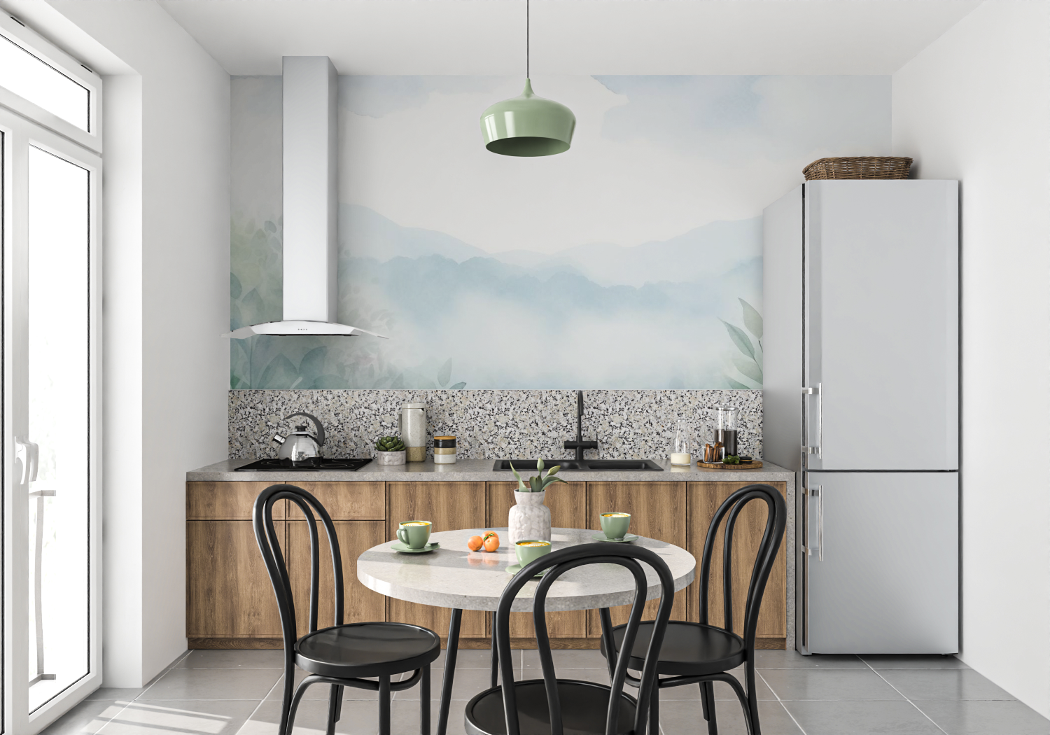 Papier peint aquarelle peinture douce mur cuisine
