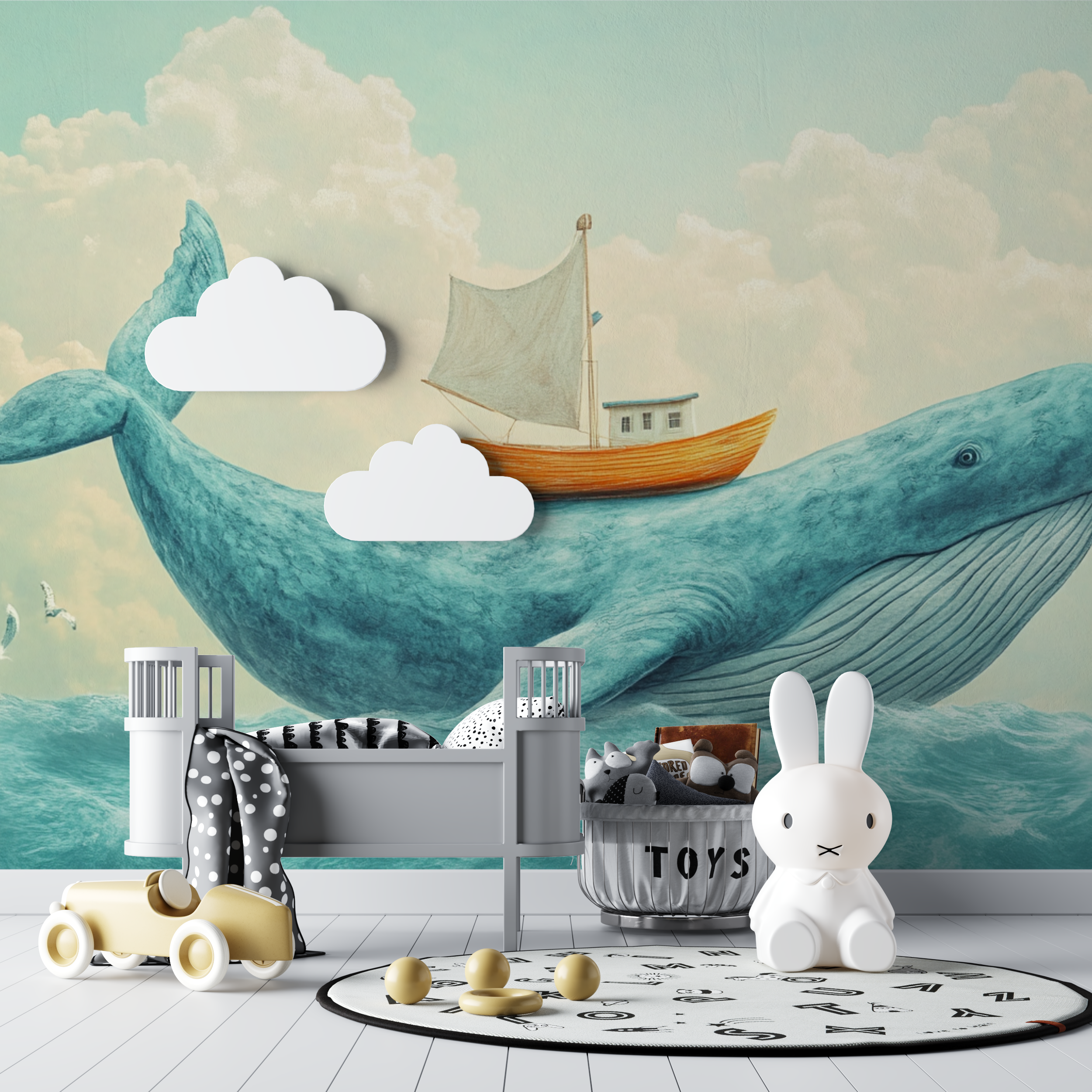 Papier peint baleine panoramique bleu ciel bebe tipi