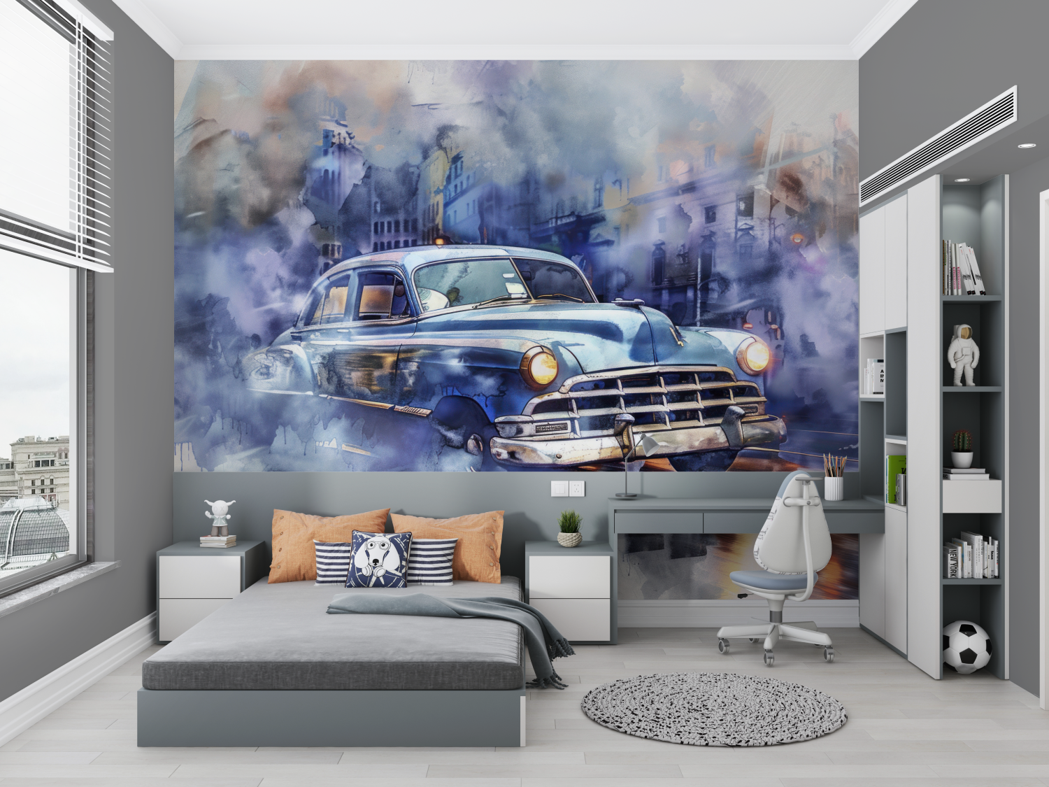 Papier peint bleue voiture cubaine aquarelle chambre petit