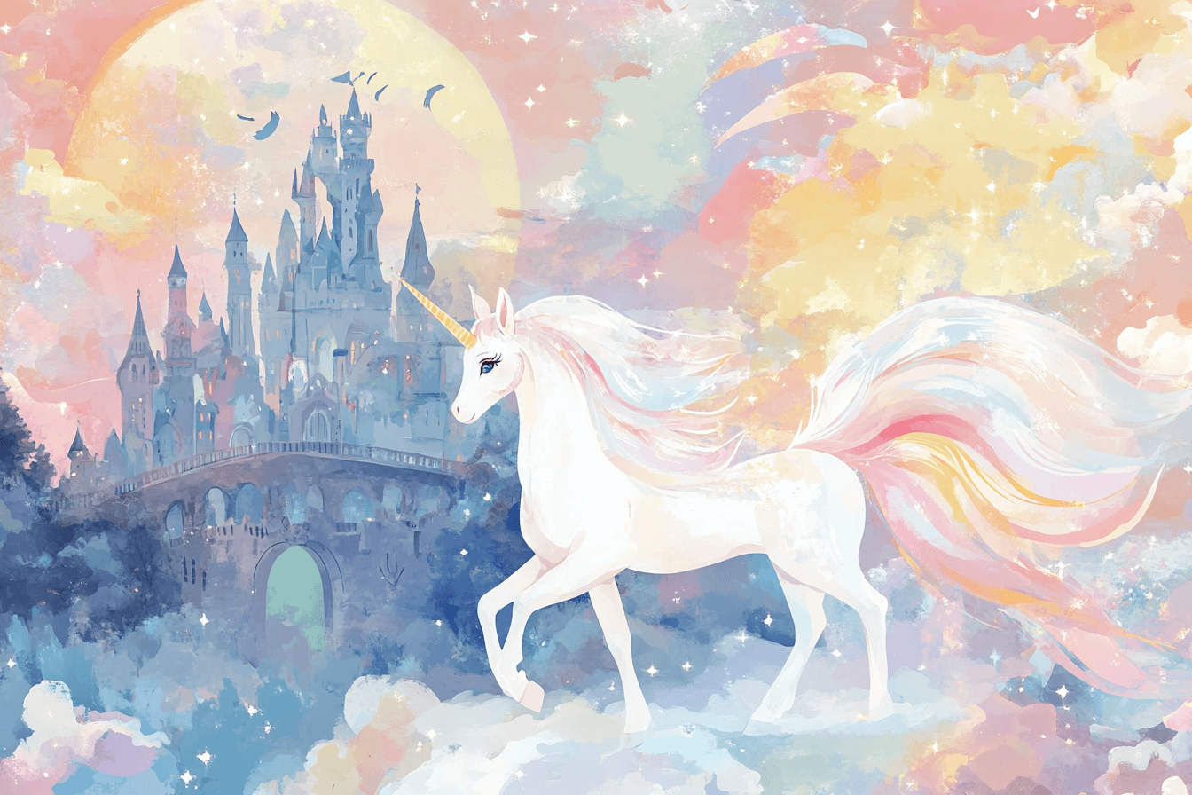 Papier Peint Licorne Château et Arc-en-ciel