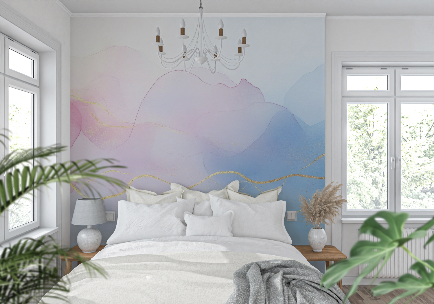 Papier peint aquarelle rose doree tendance mur