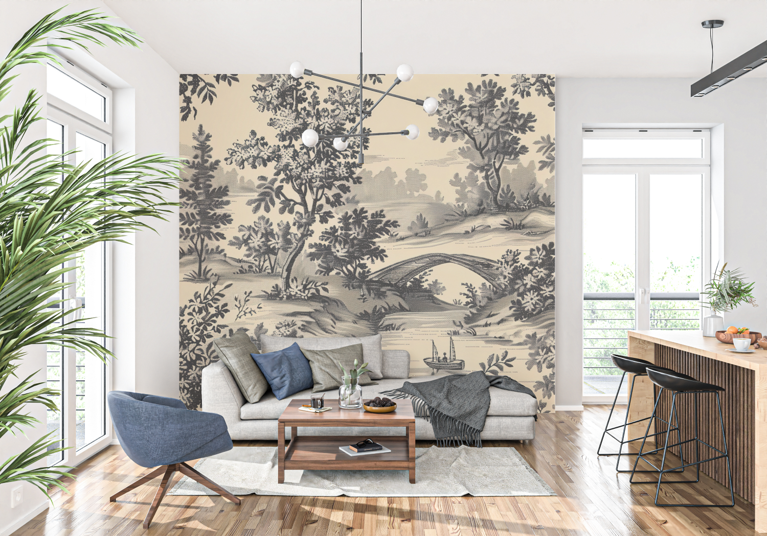 Papier Peint Toile De Jouy Pont Noir - panoramique tendance