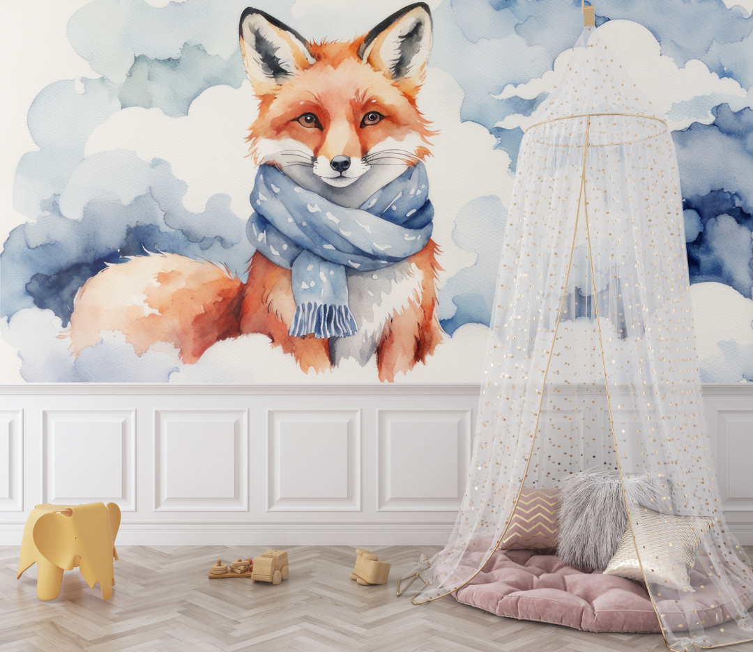 Papier peint renard pastel bleu bebe