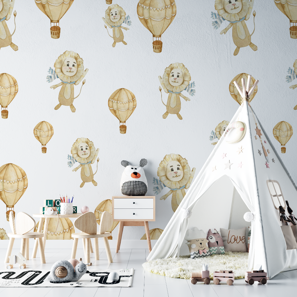 Papier peint lion et montgolfiere chambre bebe