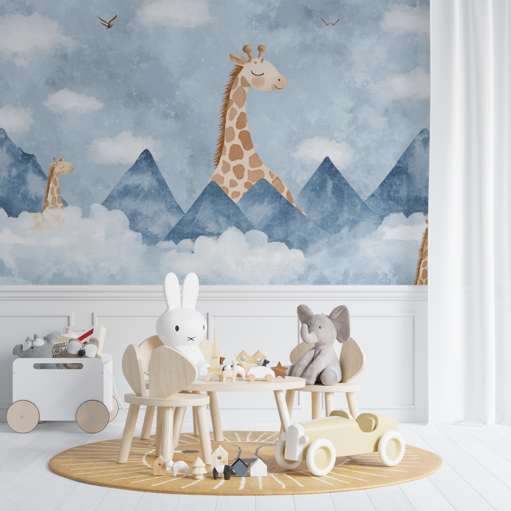 Papier peint giraffe montagnes bleu chambre de bebe