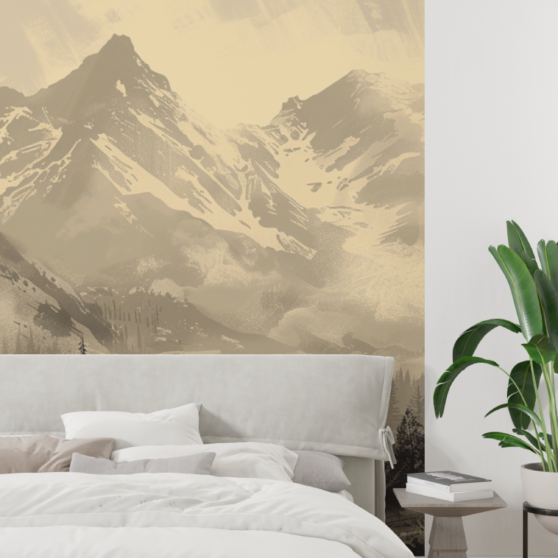 Papier peint sapin et montagne ... sepia tapisserie tendance