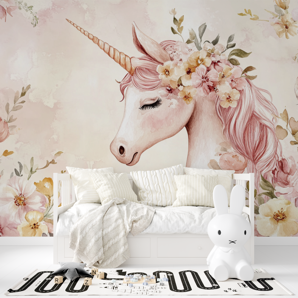 Papier peint deco licorne chamb... en fleur tapisserie fille