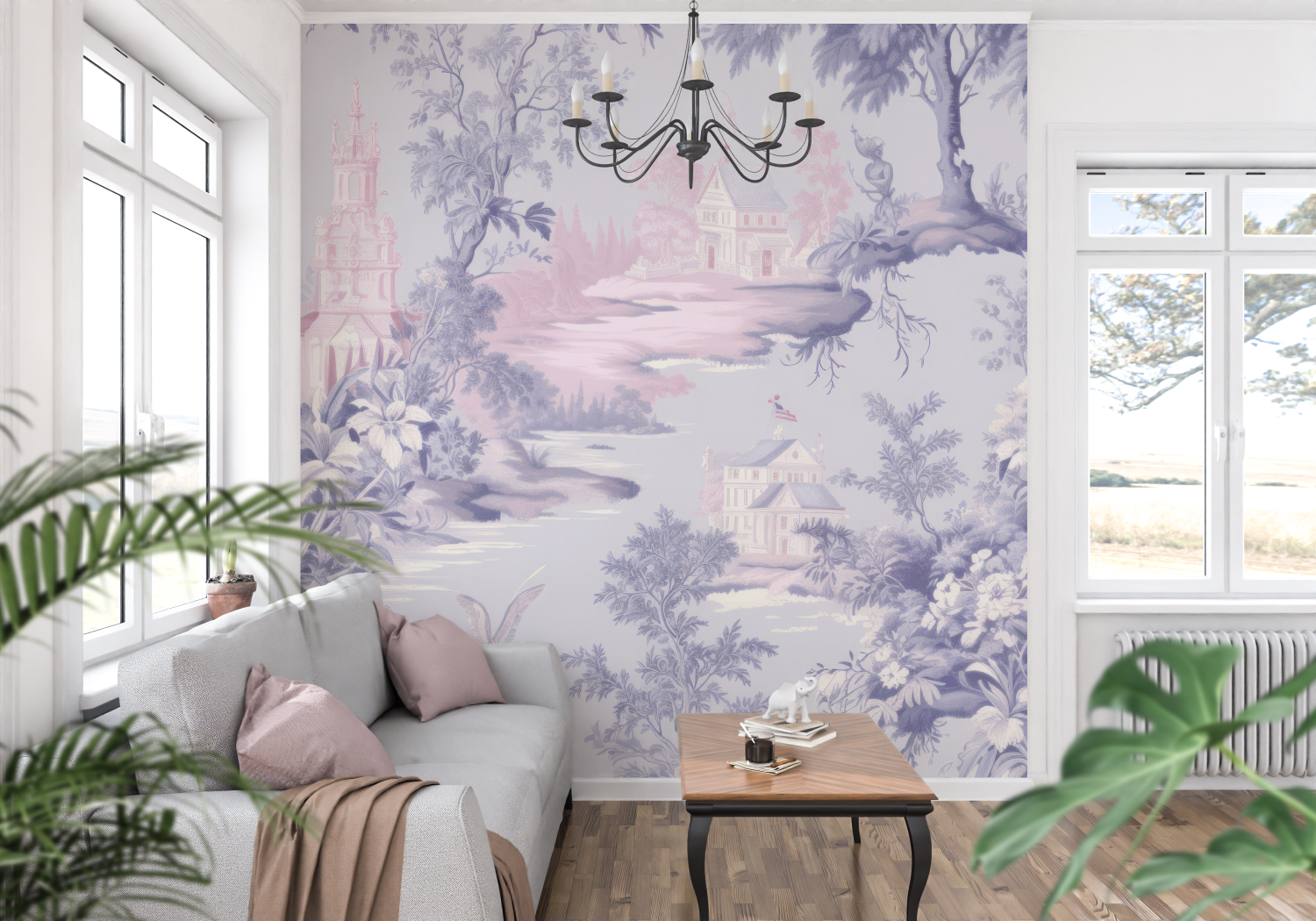Papier Peint Toile De Jouy Rose Violet - francais