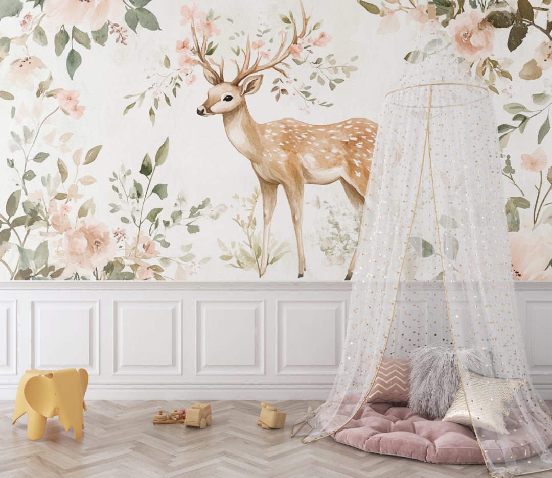Papier peint motif cerf et fleur bebe