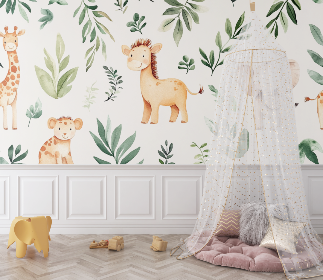 Papier peint safari girafe et elephan bebe