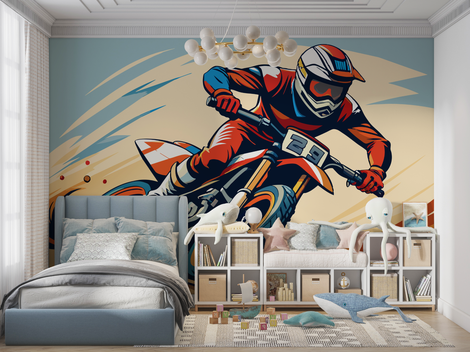 Papier peint dessin moto panoramique garcon