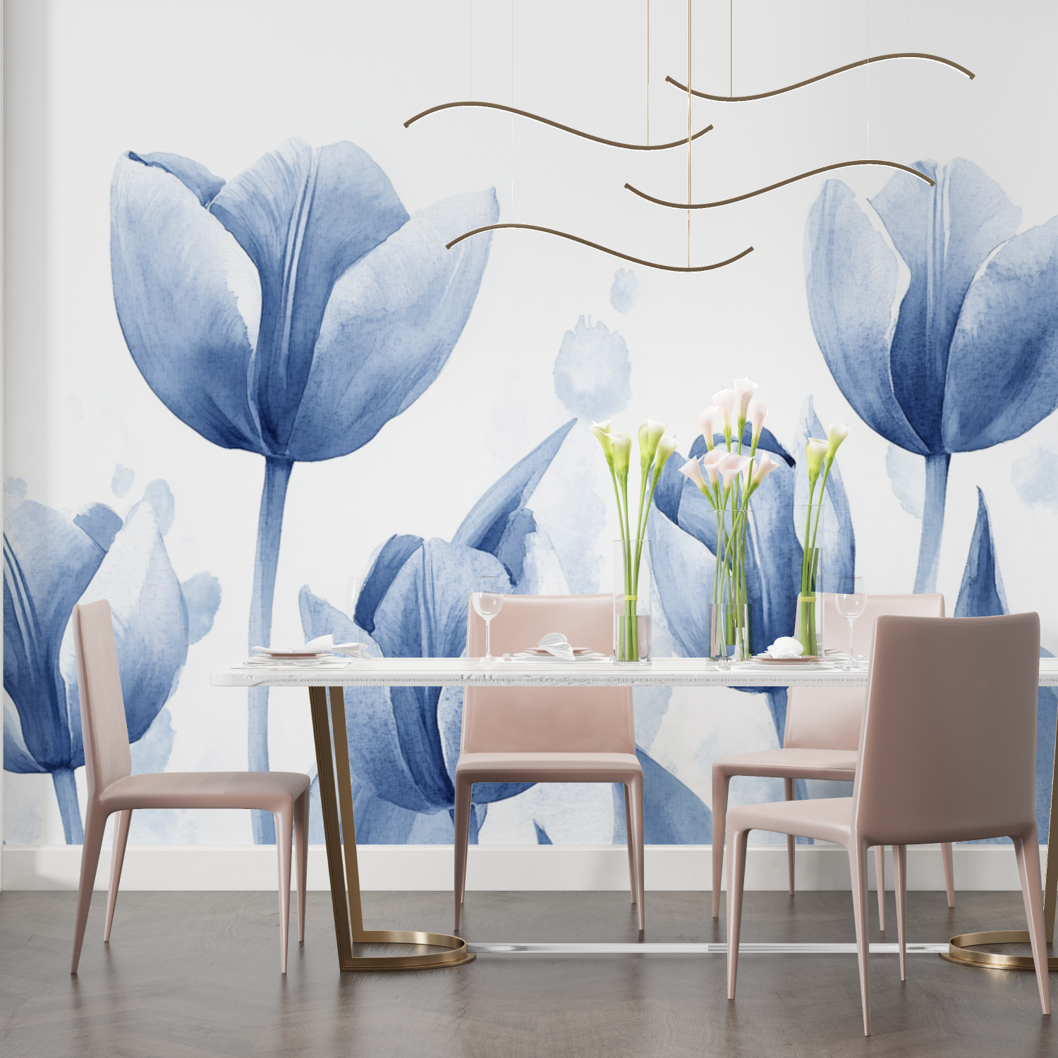 Papier peint aquarelle tulipes bleues salon