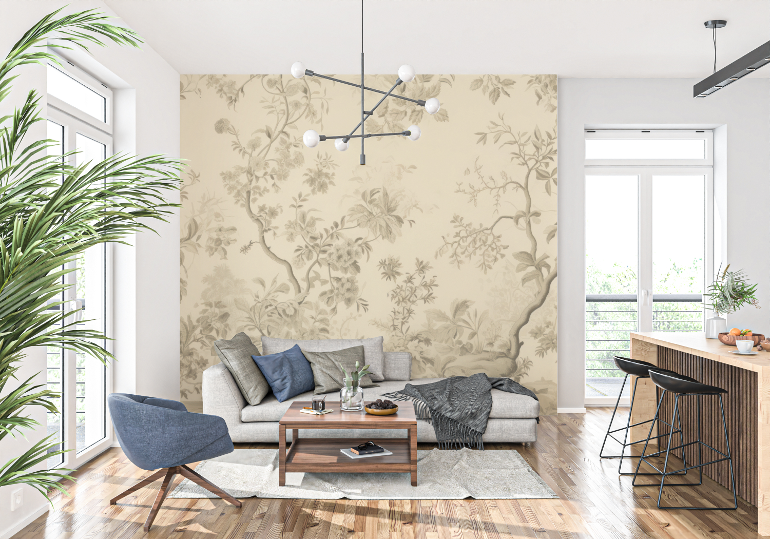 Papier Peint Toile De Jouy Beige Fleuri - trompe l'oeil