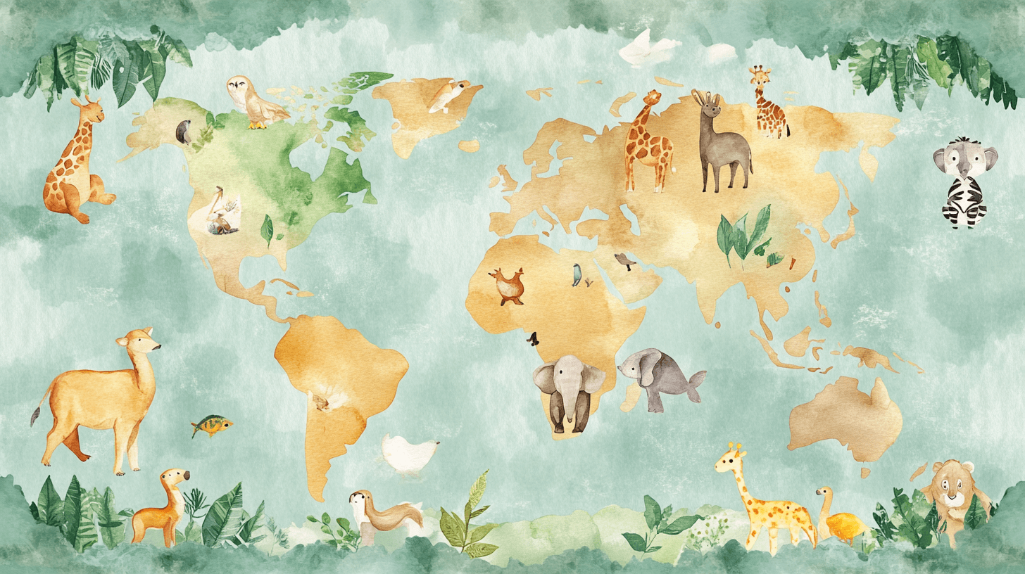 Papier Peint Carte Du Monde Terre Colorée Animaux