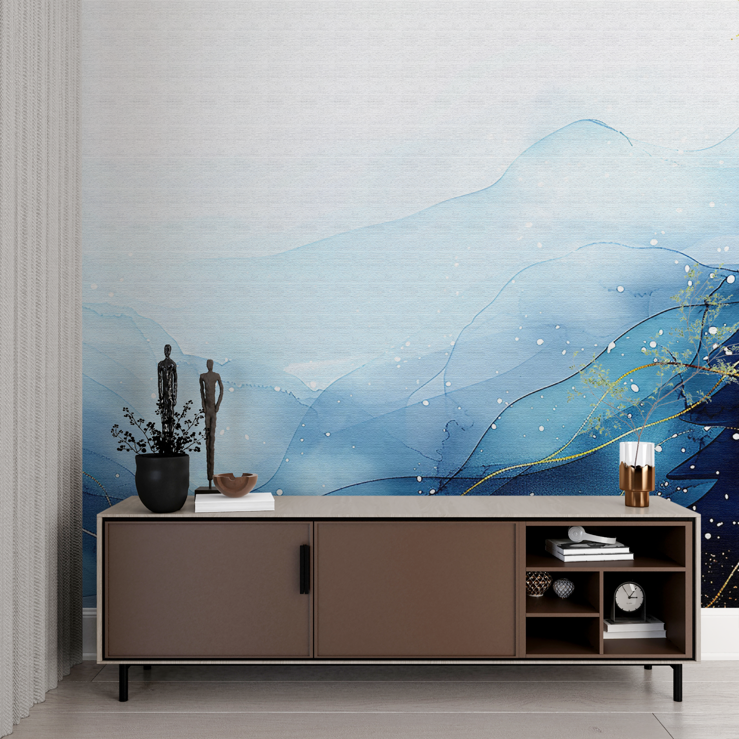 Papier peint aquarelle bleu doree imprime