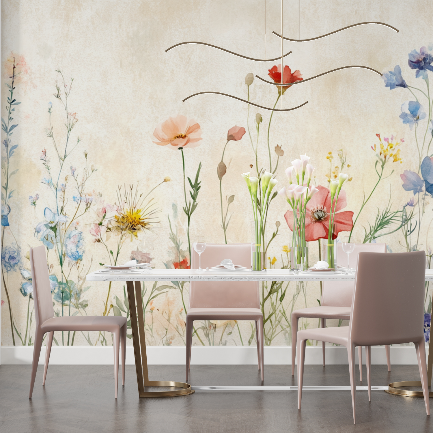 Papier peint aquarelle fleurs herbes salon