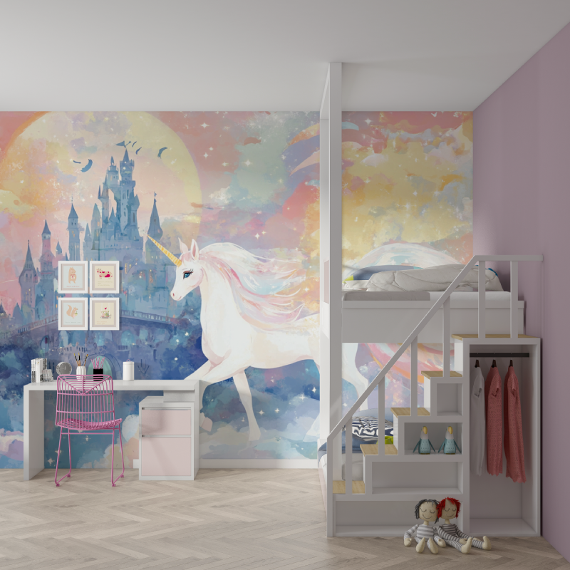 Papier peint licorne chateau et... en ciel mur chambre fille