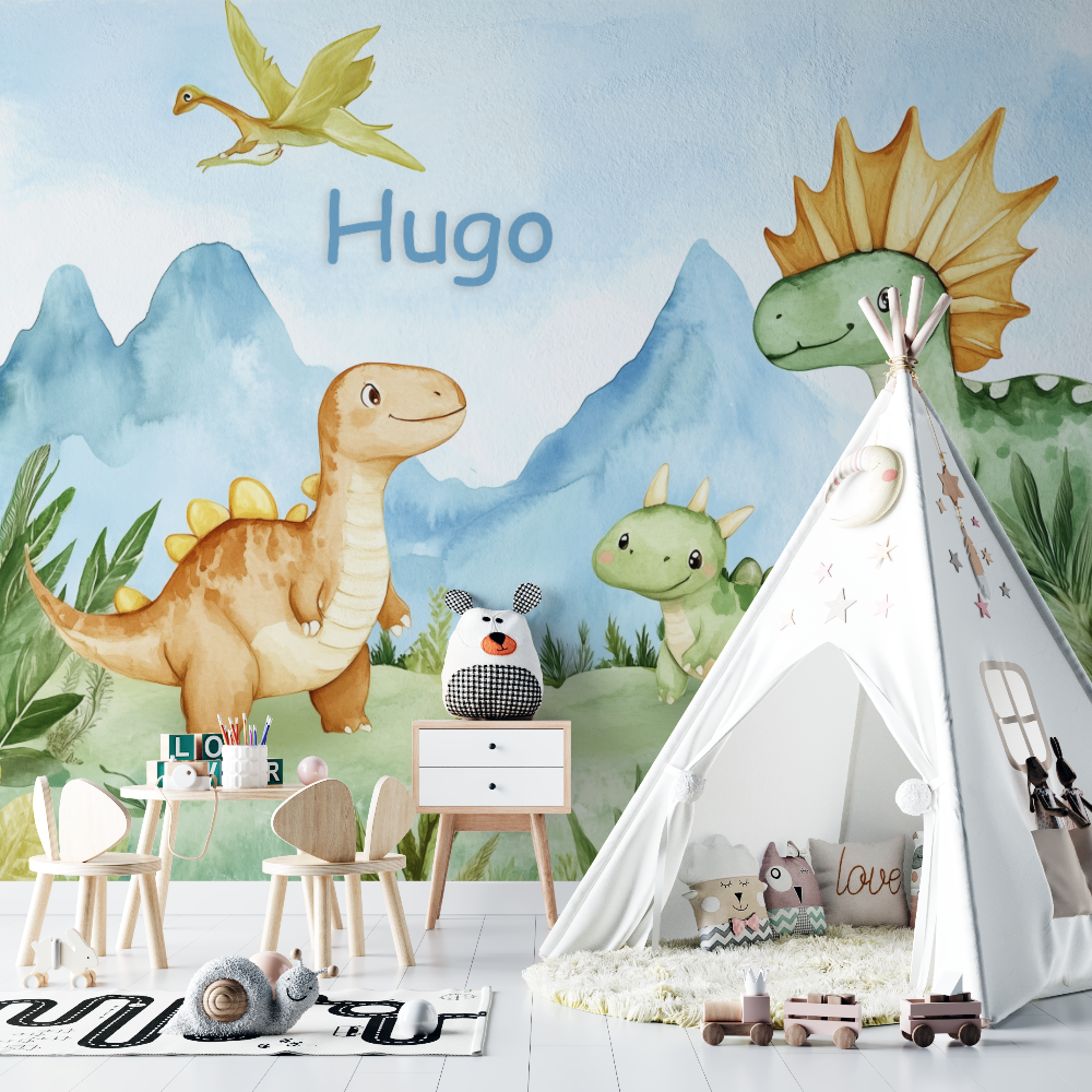 Papier peint prenom famille dinosaures chambre bebe