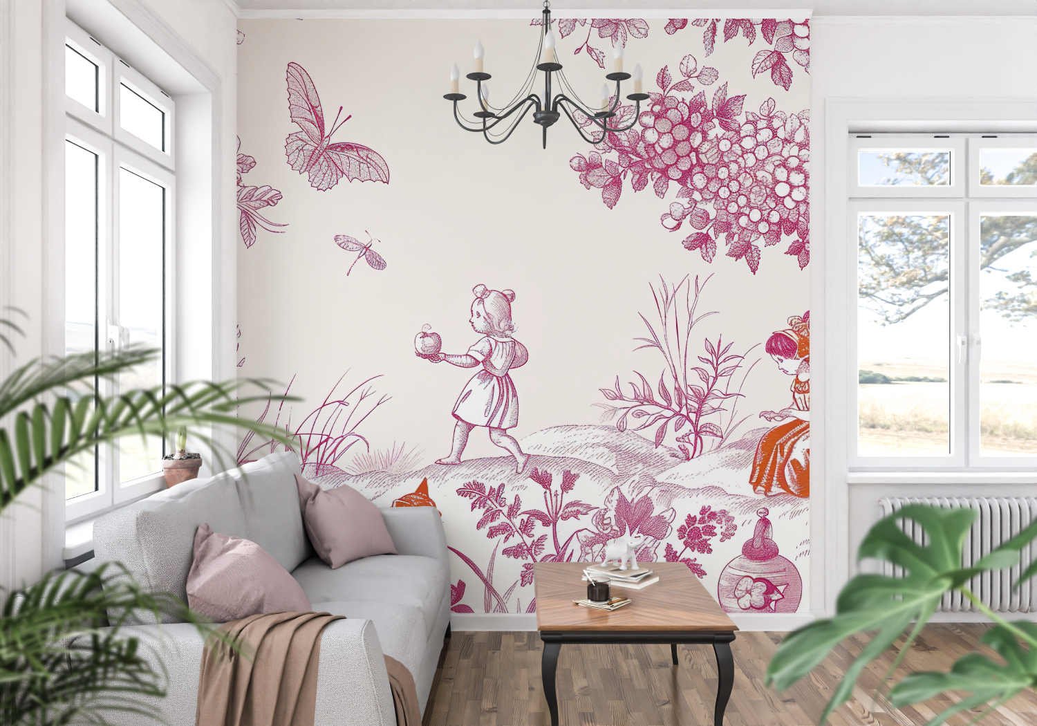 Papier Peint Toile De Jouy Enfant Rose - panoramique-mur