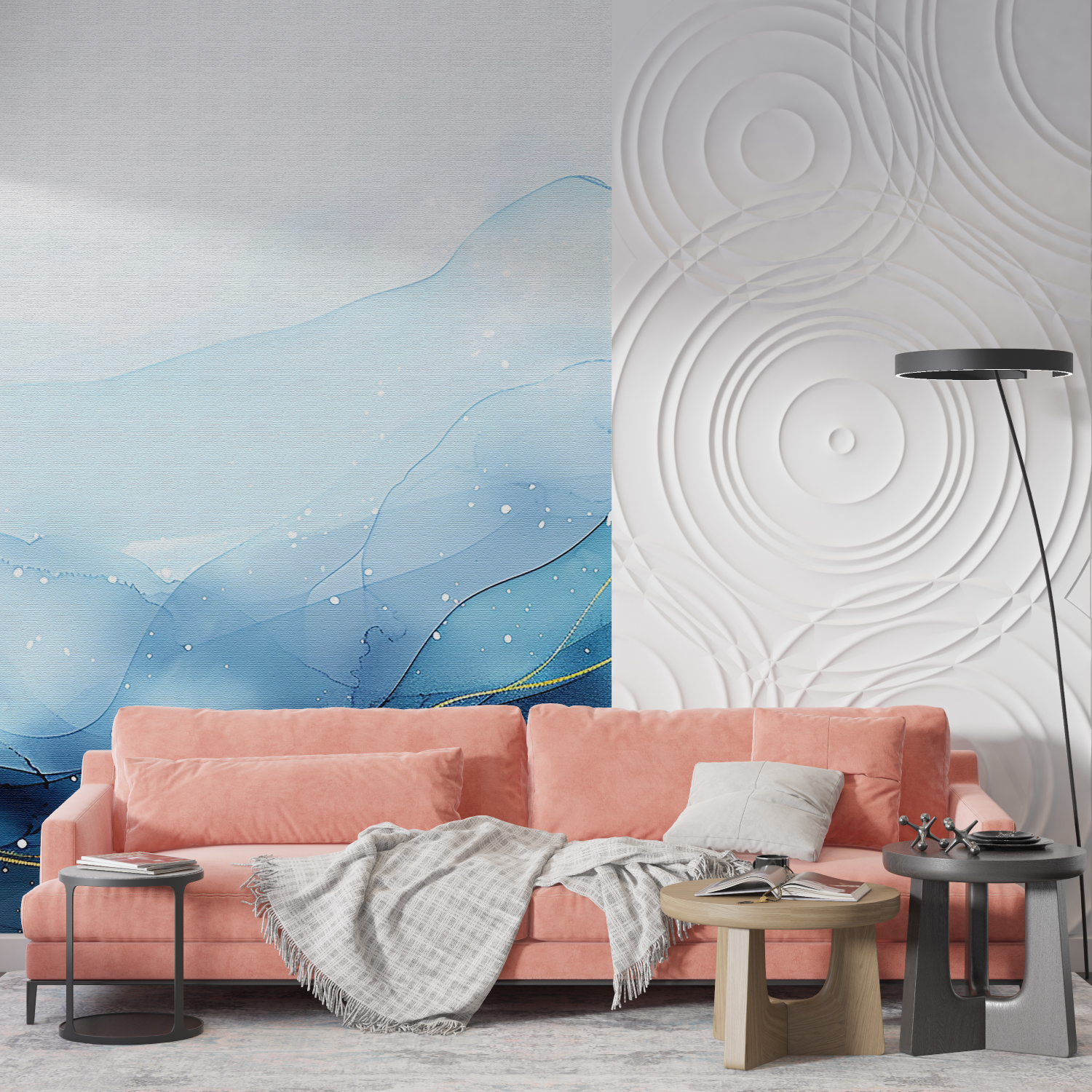Papier peint aquarelle bleu doree mur