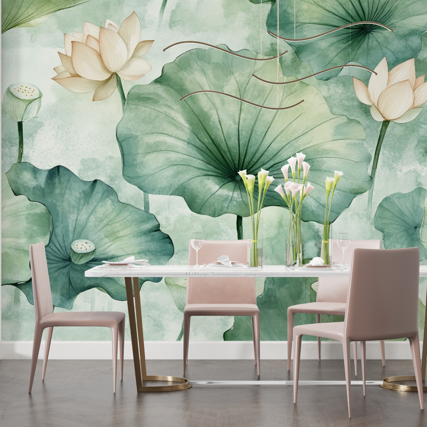 Papier peint aquarelle feuilles de lotus pastel salon
