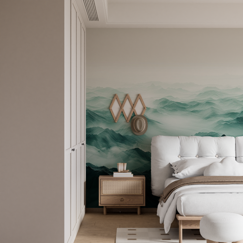 Papier peint salle de bain illustration montagnes vert mural