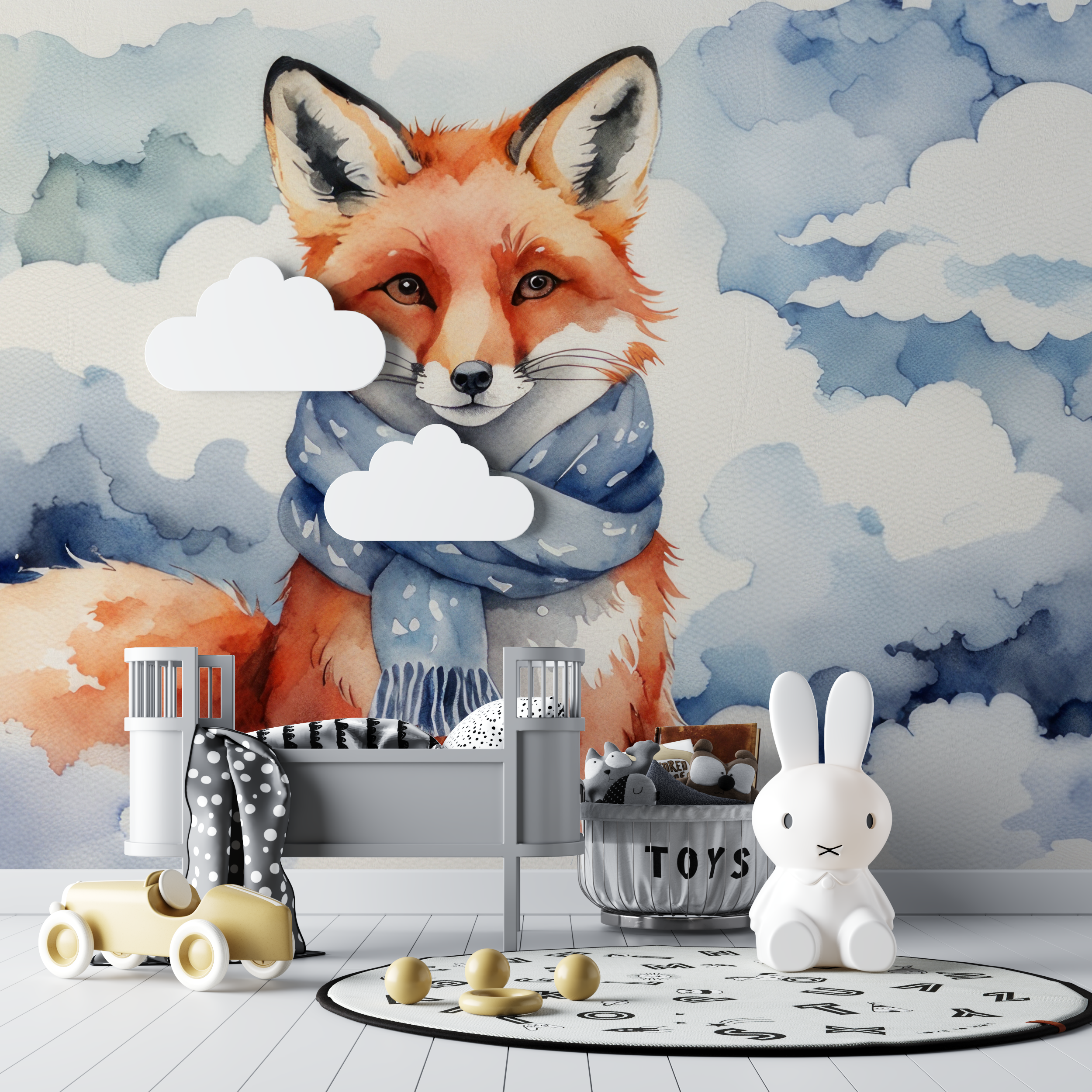 Papier peint renard pastel bleu bebe tipi