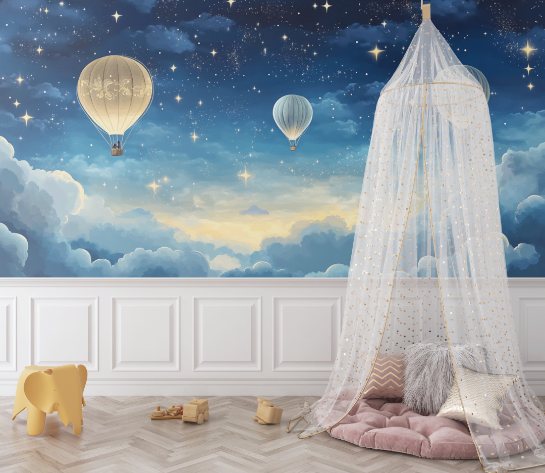 Papier peint montgolfiere et ciel de nuit etoile bebe