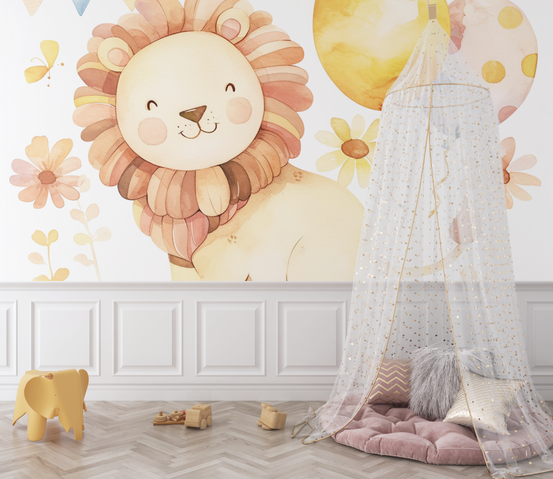 Papier peint lion et ballons colores bebe
