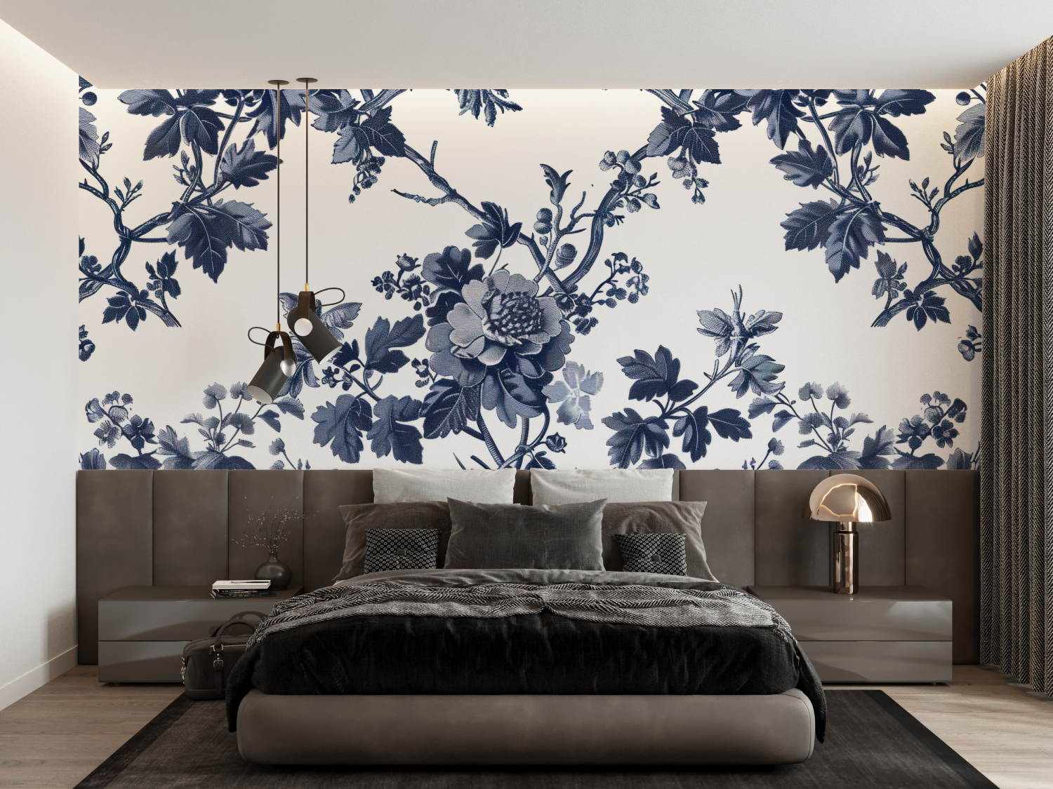 Papier Peint Toile De Jouy Fleuri Noir - trompe l'oeil