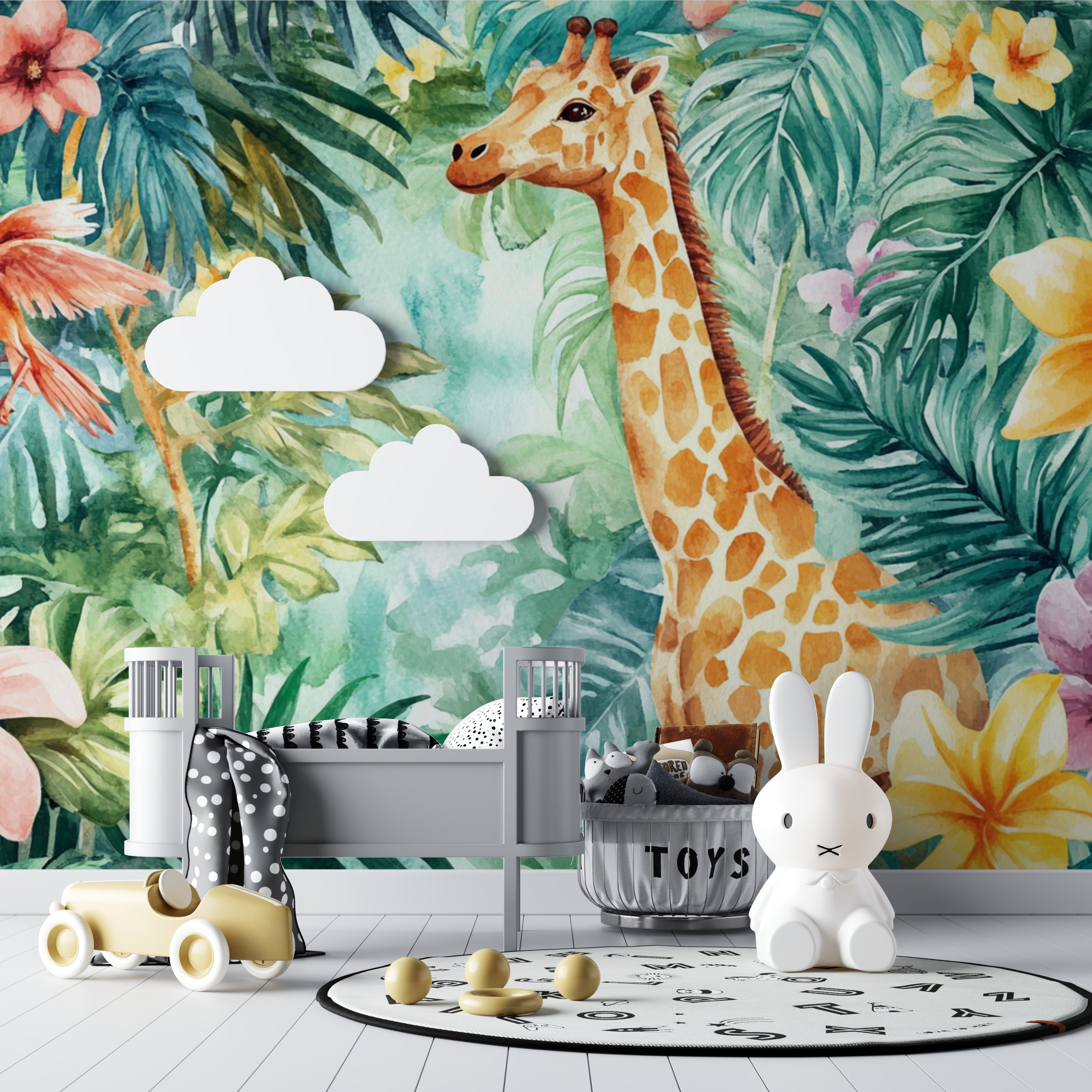Papier peint animaux arc en ciel et jungle bebe tipi