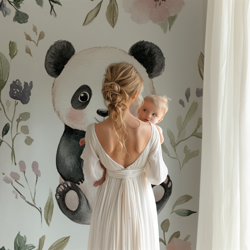 Papier peint panda et fleurs sauvages bb123