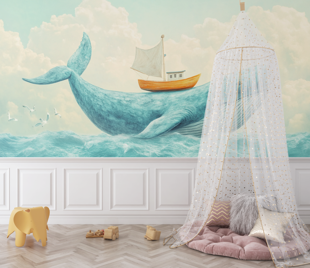 Papier peint baleine panoramique bleu ciel bebe