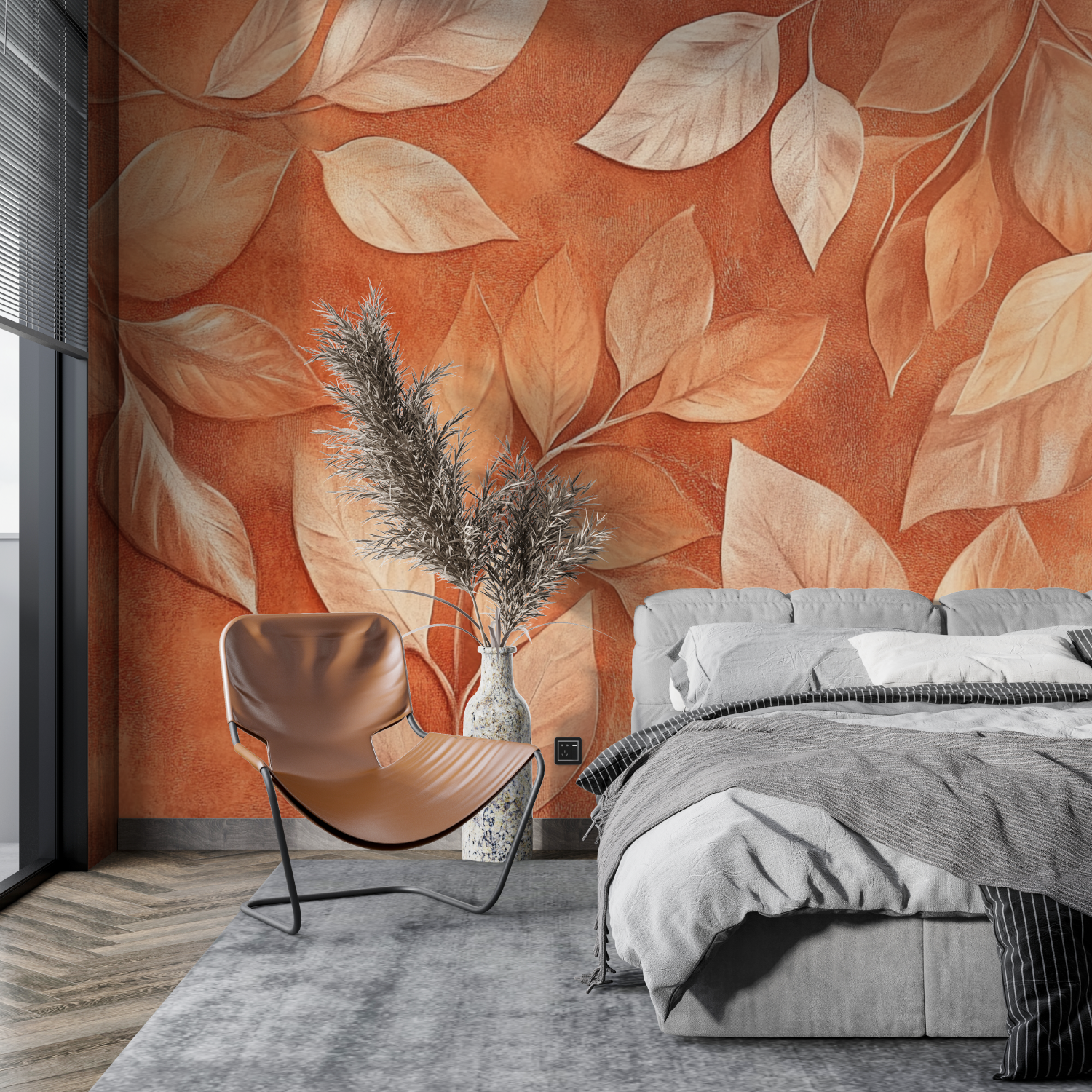 Papier peint terracotta et feuilles dorees tapisserie pano