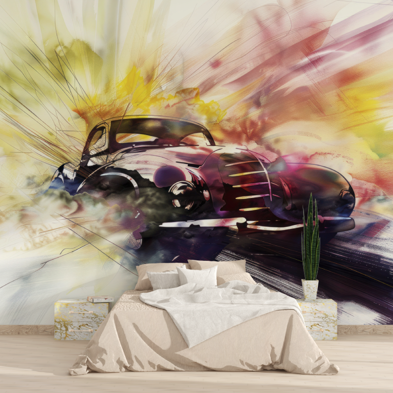 Papier peint voiture vintage aquarelle 1815